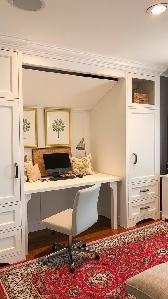 A stylish murphy bed office guest bedroom featuring a cozy bed with colorful pillows, a small desk, and art on the wall.