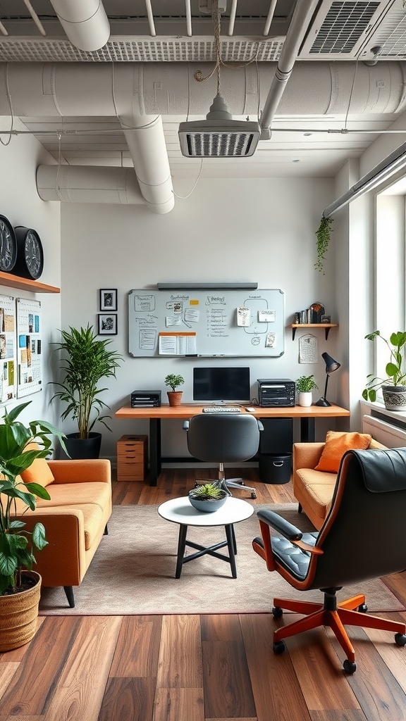 A modern office space with two desks, plants, and a whiteboard for brainstorming.