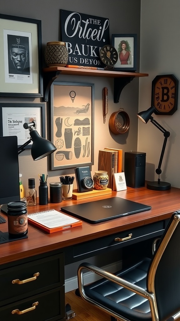A stylish desk setup featuring a gold lamp, clock, and various office supplies in a modern man cave.