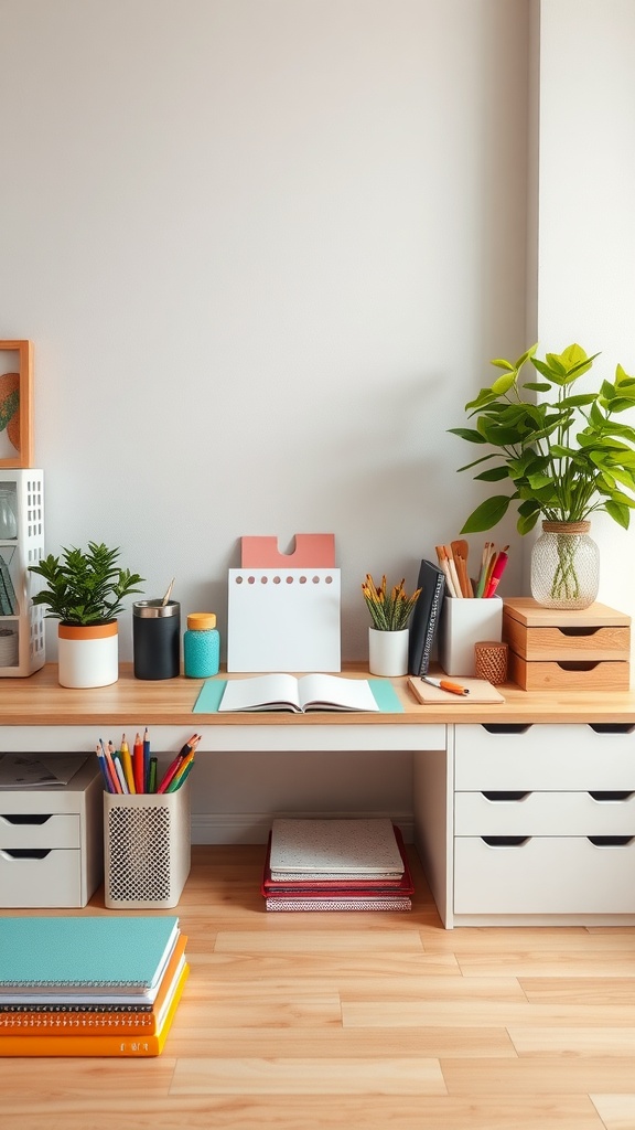 A neatly organized desk with plants, colorful stationery, and storage solutions reflecting a soft spring aesthetic.