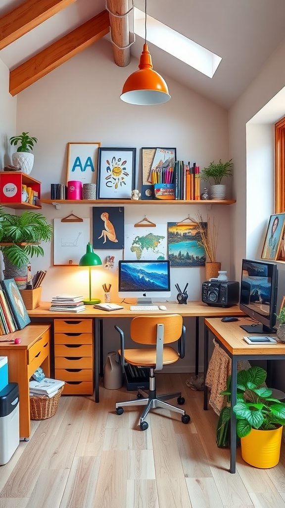 A cozy home office space with a desk, shelves of books, plants, and colorful decor.