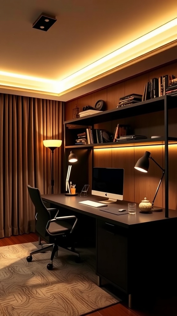 A cozy home office with creative lighting, featuring warm LED lights and a desk lamp.
