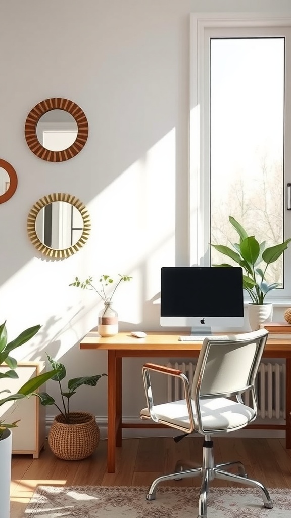 A bright home office featuring round mirrors on the wall, a wooden desk with a computer, and potted plants, creating a cozy spring aesthetic.