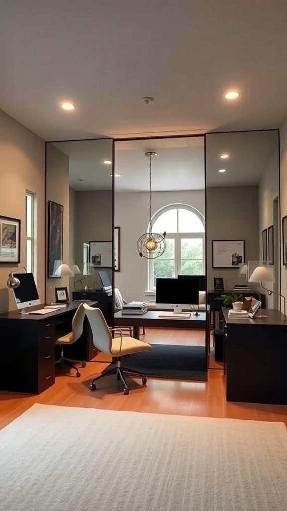 A stylish office area featuring mirrors that create depth and enhance the space with a Murphy bed.