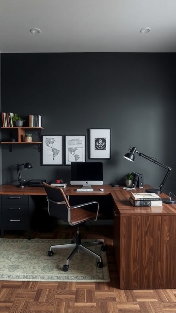 A modern masculine home office featuring a dark wall, wooden desk, and stylish decor.