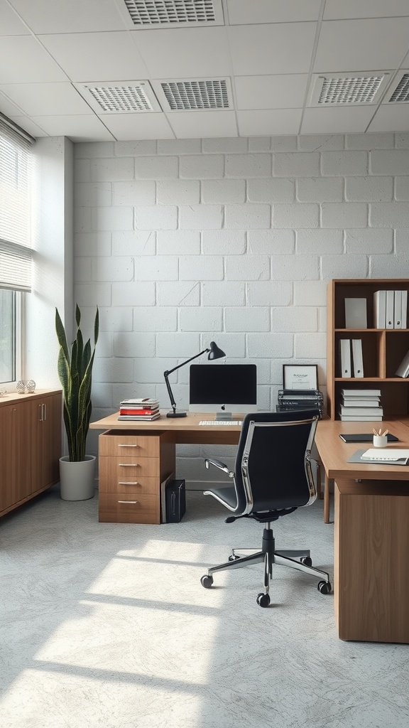 Minimalist office with wooden furniture and a plant, showcasing creative use of textures