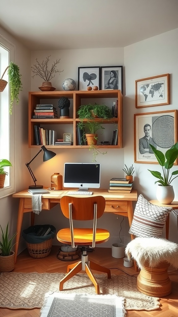 A cozy home office setup featuring a wooden desk, chair, plants, and decor.