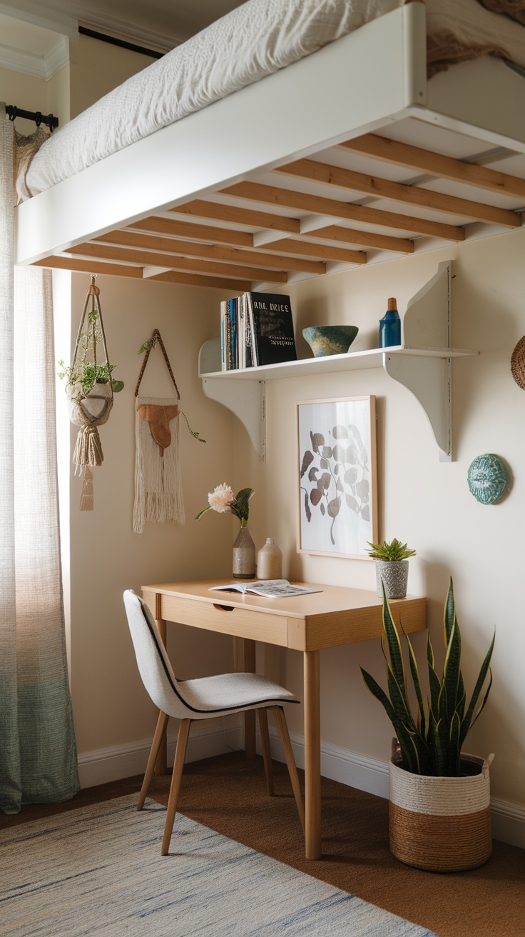 A modern bedroom with a home office setup featuring creative wall decor and organized desk space.