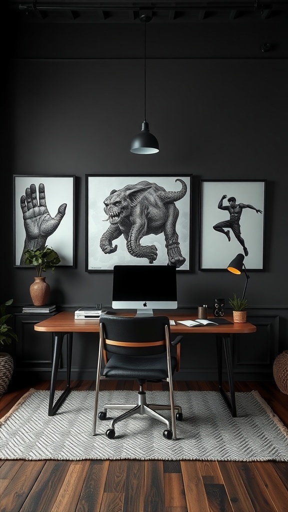 A masculine home office with dark walls, a wooden desk, and bold wall art featuring animal and human figures.
