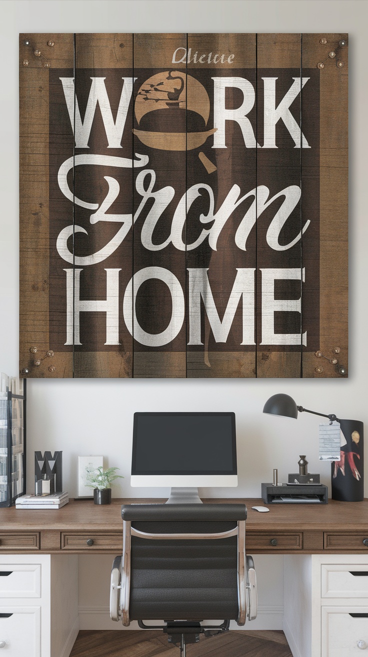 A stylish home office with framed inspirational quotes and artwork on the walls.