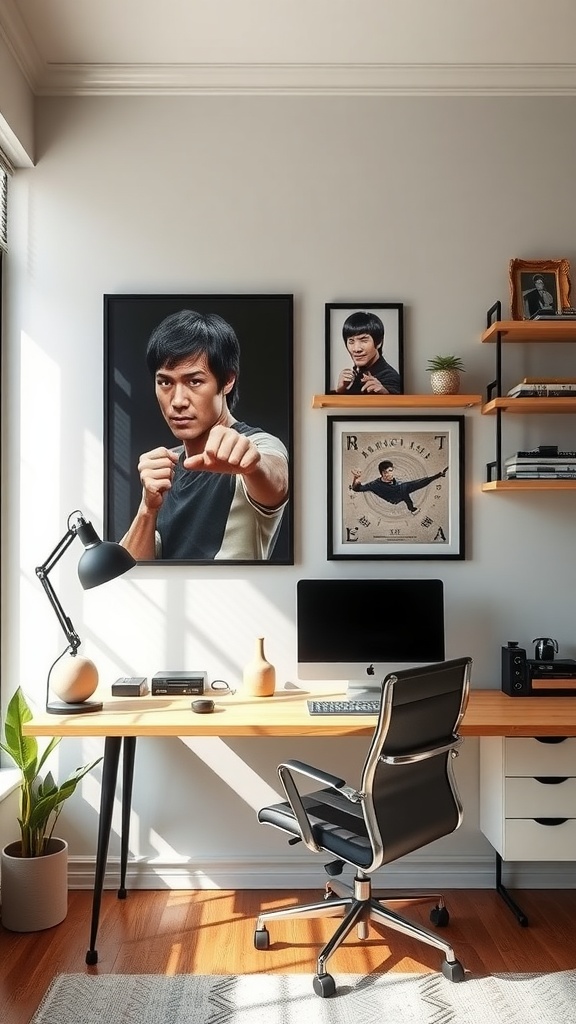 Stylish wall art display in a home office with various framed images