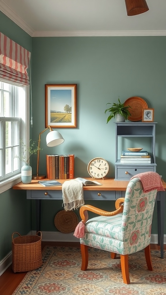 Cozy English cottage style home office with green walls, vintage furniture, and floral decor.