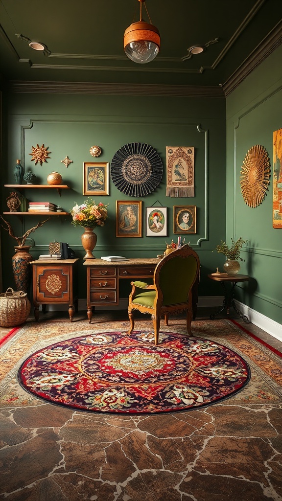 A cozy boho office space featuring olive green walls, wooden furniture, and colorful decorative elements.