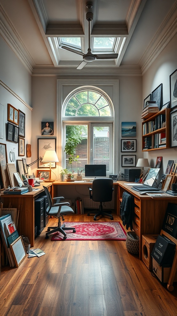A creative workshop space with two workstations, large windows, and a cozy rug.