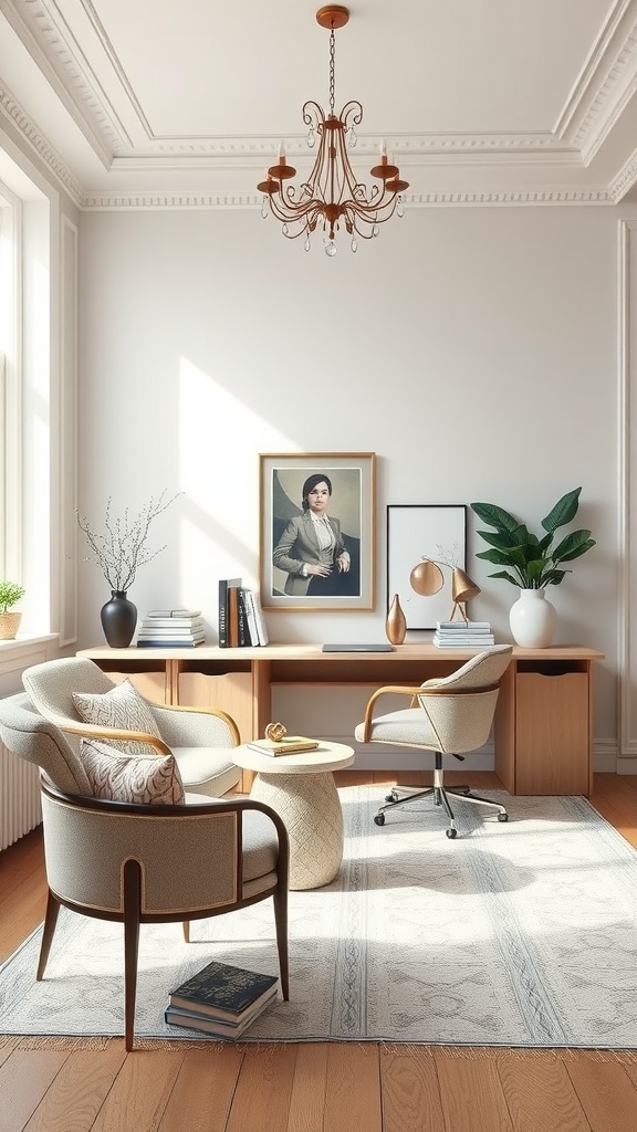 A modern feminine home office with stylish furniture and elegant decor.