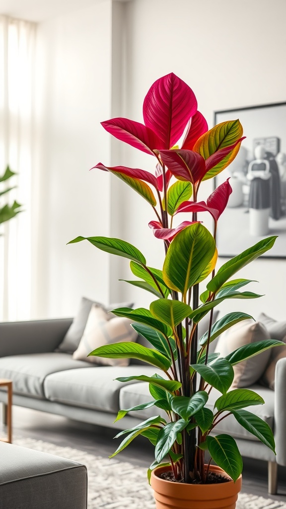 A vibrant Croton plant with bright red and green leaves in a stylish living room setting.