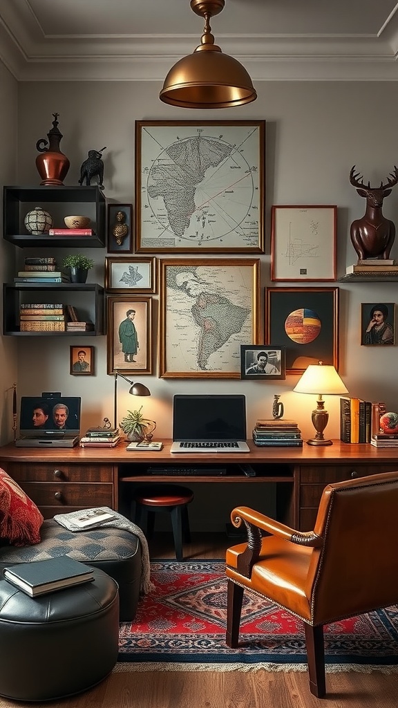 A well-decorated home office with cultural artifacts, featuring a gallery wall of framed illustrations and maps.