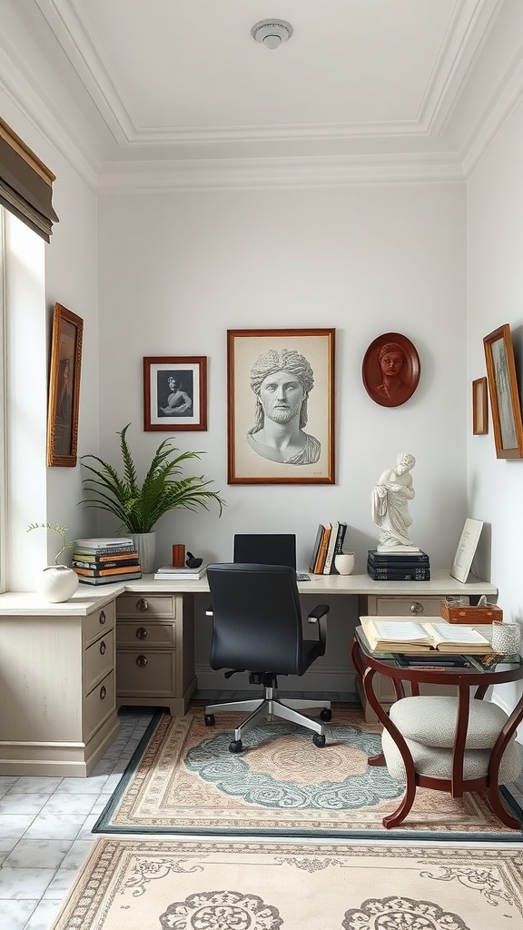 A stylish home office featuring Greek architecture elements, framed artworks, a plant, and a decorative rug.