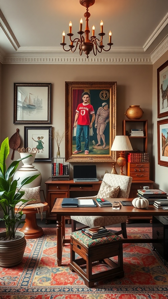 A cozy Italian-inspired home office featuring vintage decor, a chandelier, and cultural artwork.