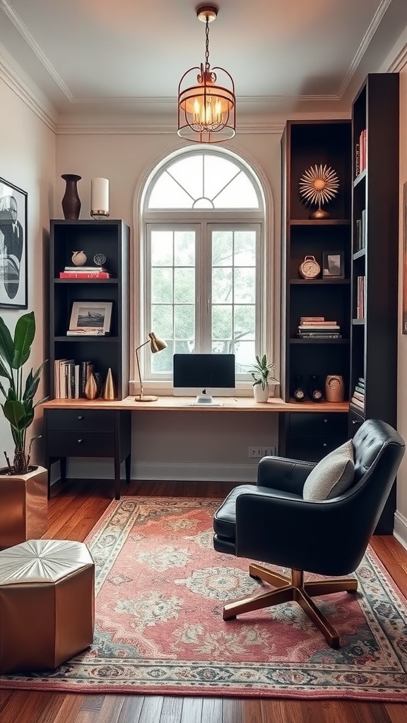 A stylish small home office featuring a wooden desk, a cozy chair, framed art, and plants.