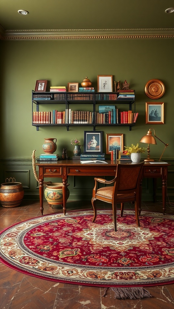 Home office with olive green walls, a curated book display on shelves, and a wooden desk.
