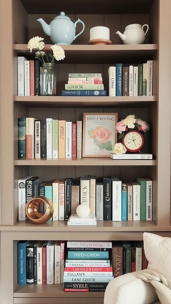 A curated bookshelf display featuring a variety of books, plants, and decorative items, showcasing a soft spring aesthetic.