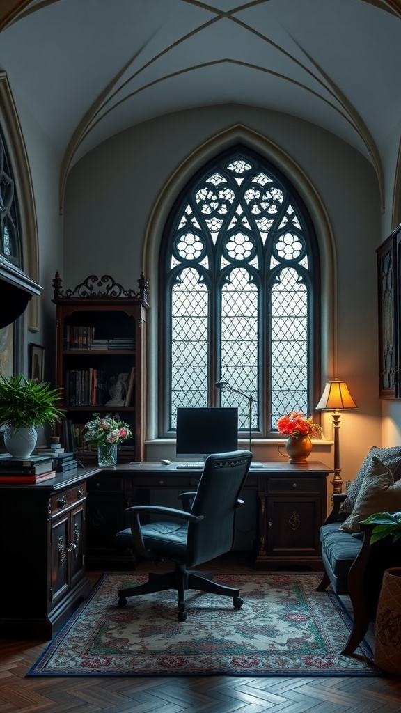 A cozy home office featuring curved furniture lines and a gothic rose window.