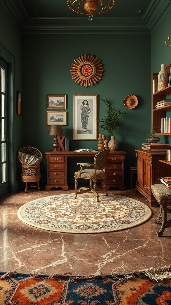 Cozy nook with cushions and olive green walls in a home office setting