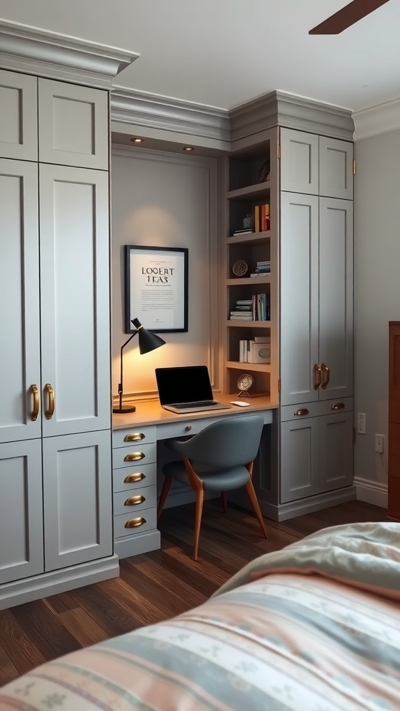 Custom-built office nook in a modern bedroom featuring a desk, chair, and storage.