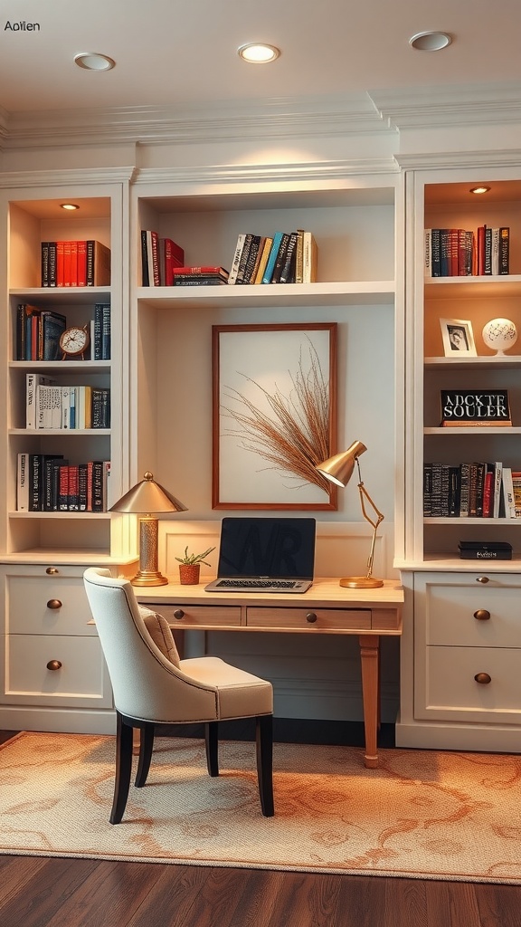 A chic home office featuring custom built-in shelving, a stylish desk, and cozy decor.