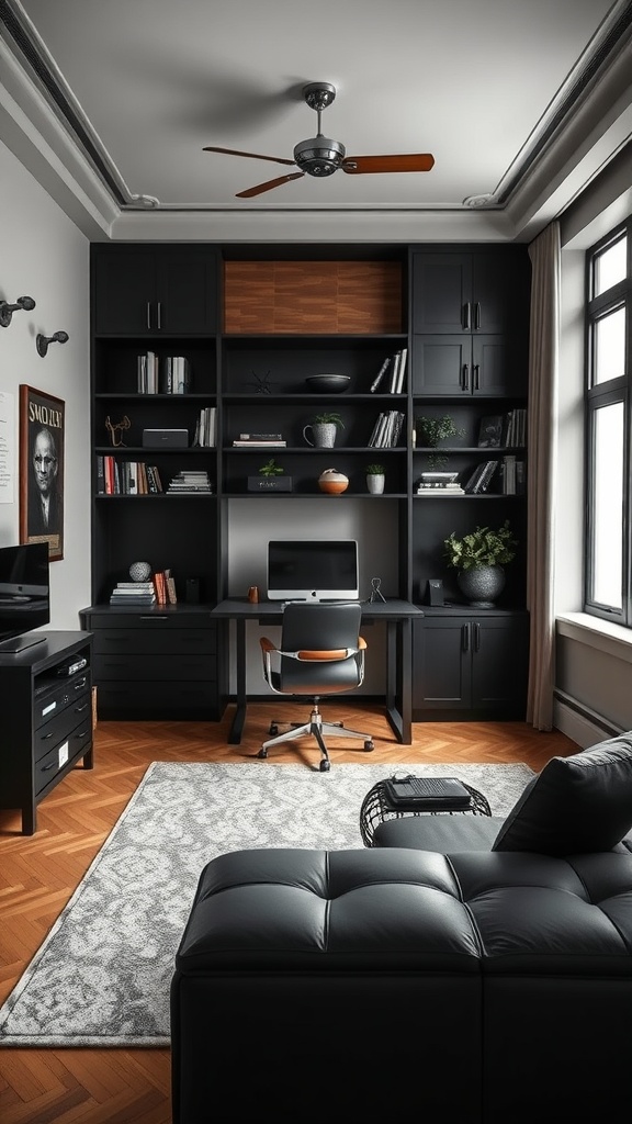 A modern masculine home office featuring customizable modular units, dark aesthetic, and ergonomic furniture.