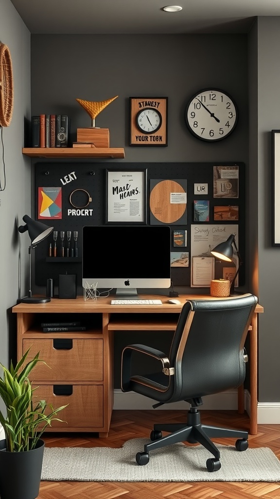 A stylish man cave office with a customizable mood board area filled with art and decor.