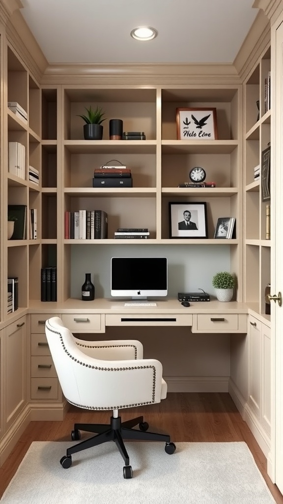 Cozy small home office with customized built-ins, a desk, and shelves.