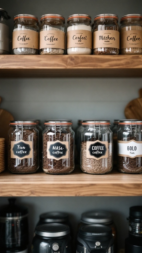 Coffee jars with customized labels on a shelf