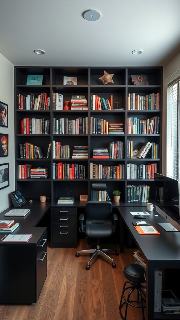 A modern home office featuring customized black shelving units filled with books and decorative items.