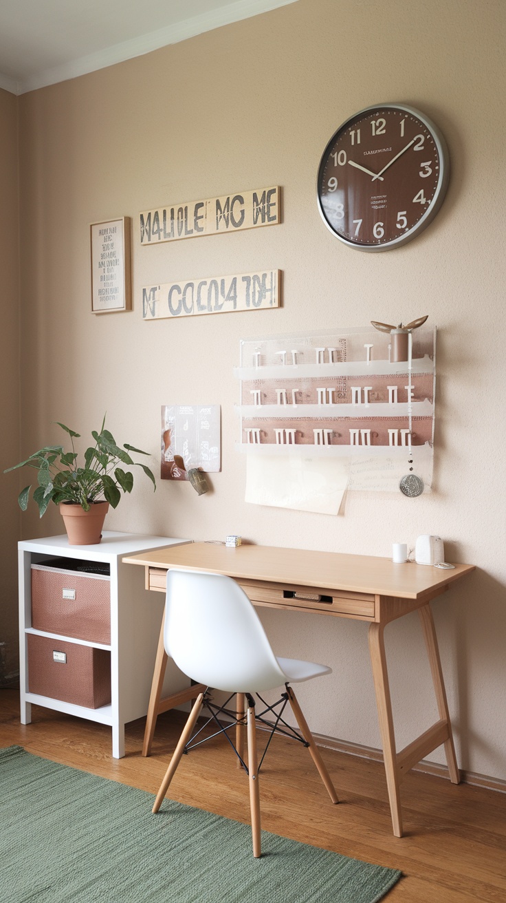 A modern home office with a stylish desk, computer, and customized wall art.