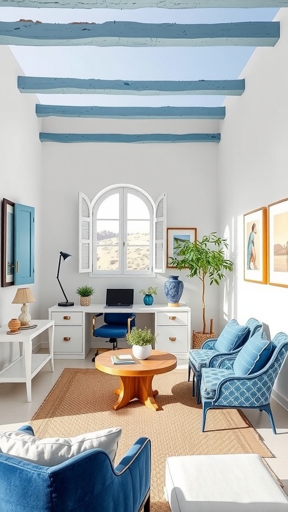 A bright and airy home office inspired by Cycladic architecture, featuring blue accents and natural light.