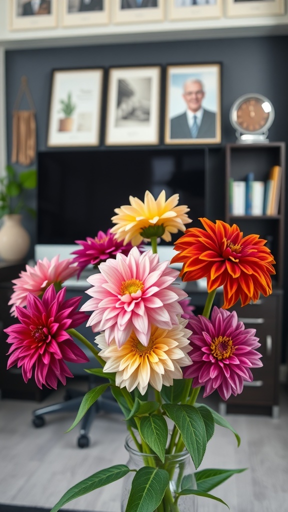 A vibrant bouquet of dahlias in a glass vase placed in a stylish home office.