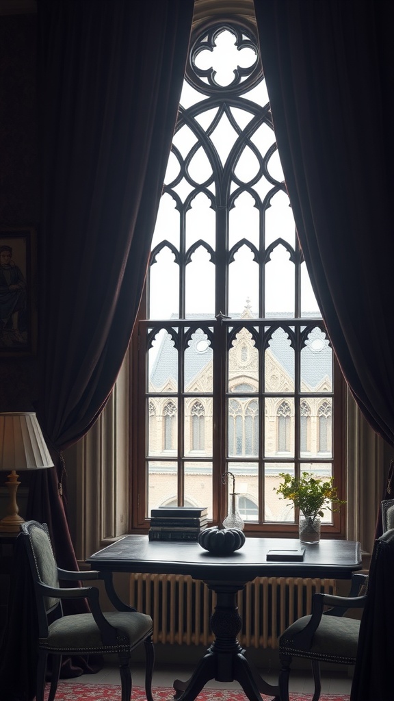 A home office with dark velvet drapes framing a gothic-style window, showcasing modern gothic architecture.