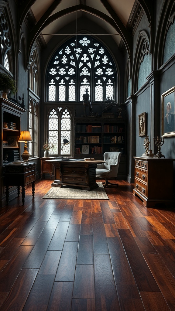 A home office featuring dark wood flooring, gothic rose window, and elegant furniture.