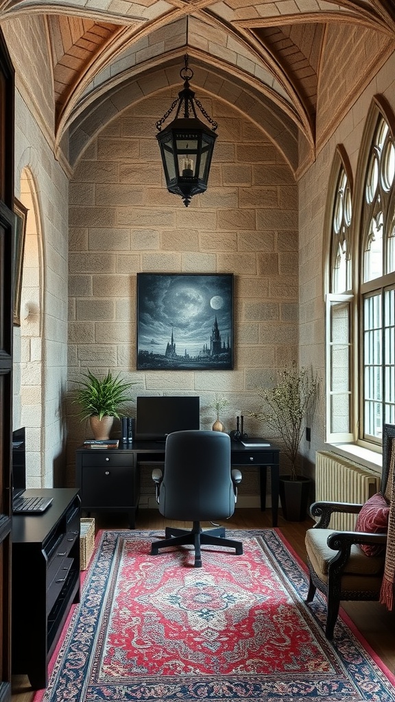 A home office featuring stone walls, wooden beams, and gothic-inspired decor