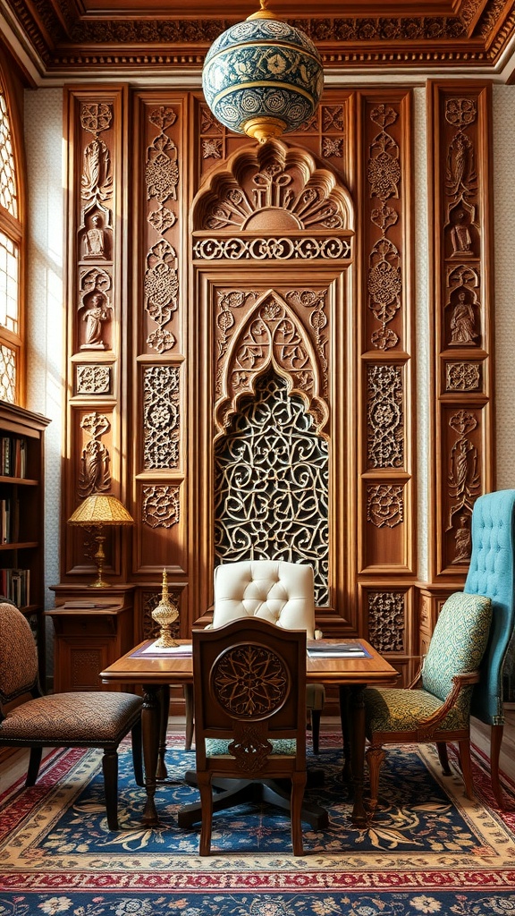 A beautifully decorated home office featuring intricate wooden panels inspired by Islamic architecture.