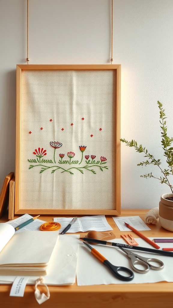 A framed embroidery art piece featuring colorful flowers, surrounded by crafting tools and materials on a wooden desk.