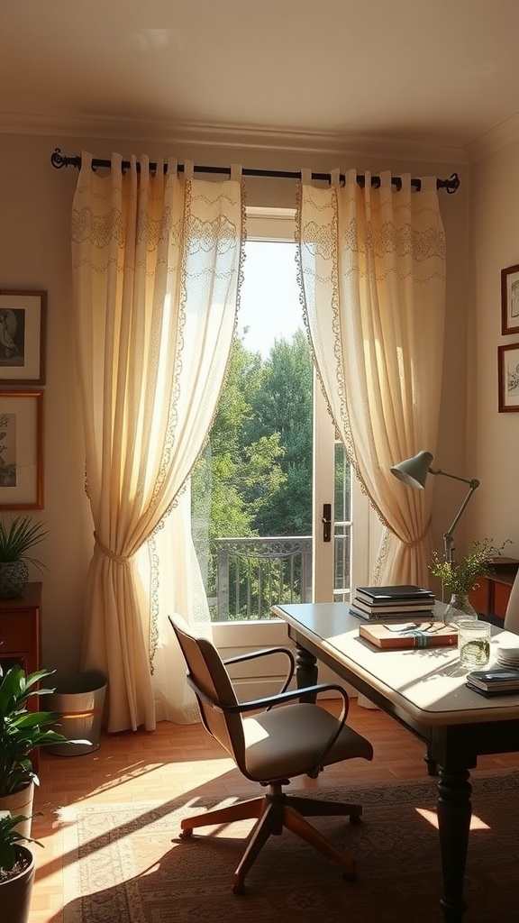 Delicate lace curtains hanging in a well-lit room, enhancing the decor with intricate patterns.