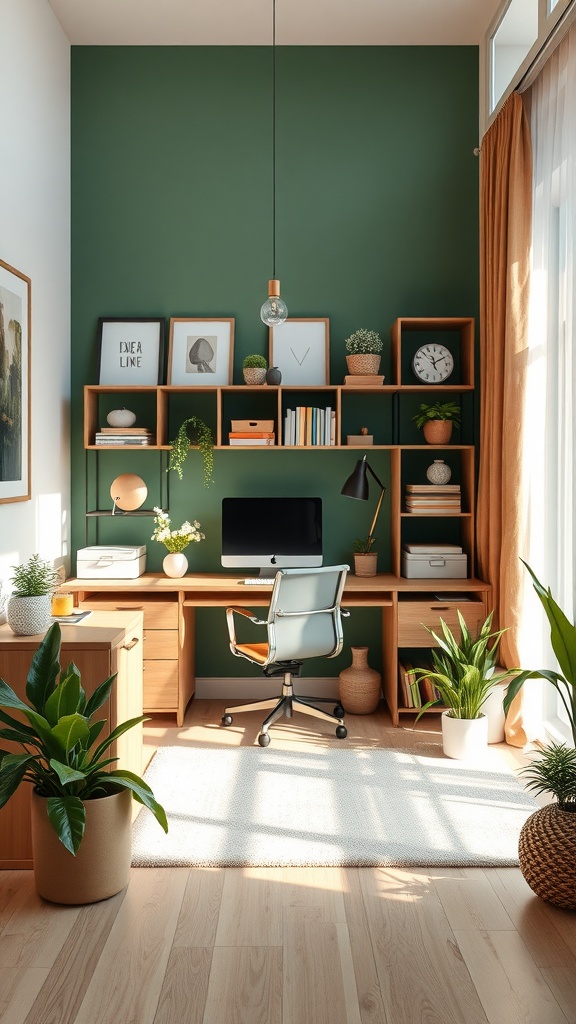 A stylish home office with a green wall, wooden furniture, plants, and organized shelves, creating a spring aesthetic vibe.