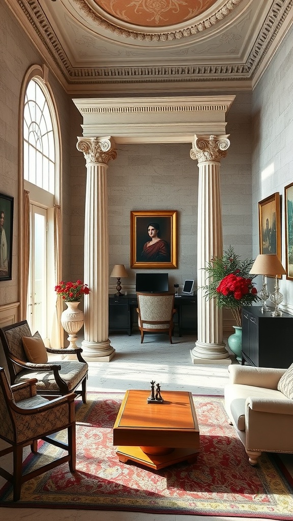 A stylish home office featuring tall columns, elegant furniture, and classical decor.