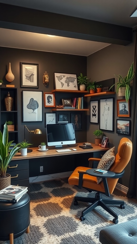 Modern DIY office setup with dual chairs, black furniture, and wall art.