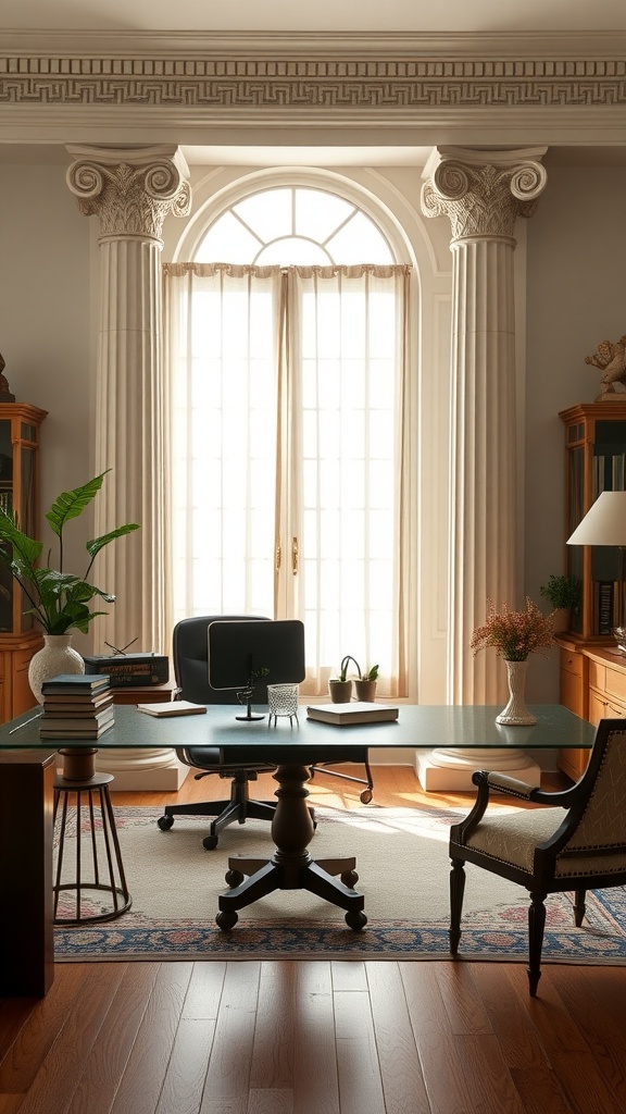 A home office featuring Doric columns, large windows, and modern furniture, showcasing a blend of Greek architecture and contemporary design.
