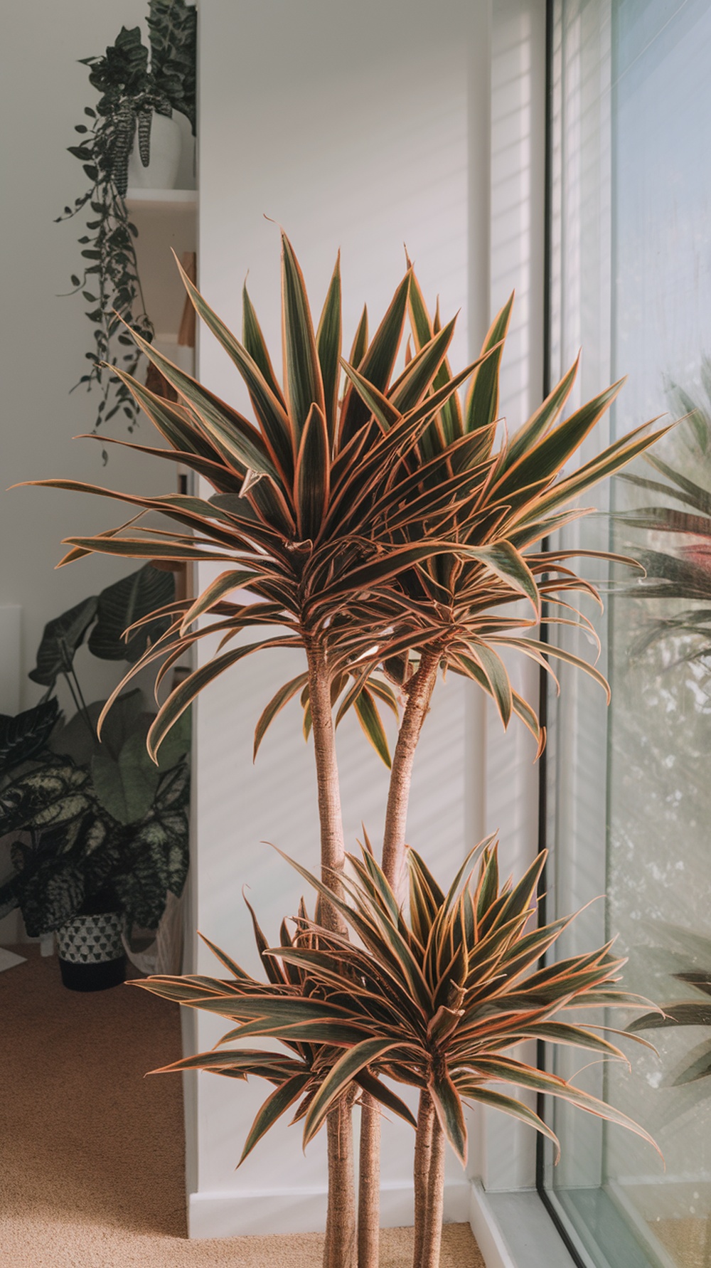 A Dracaena plant with striking upright leaves, placed near a window, showcasing its air purifying qualities.