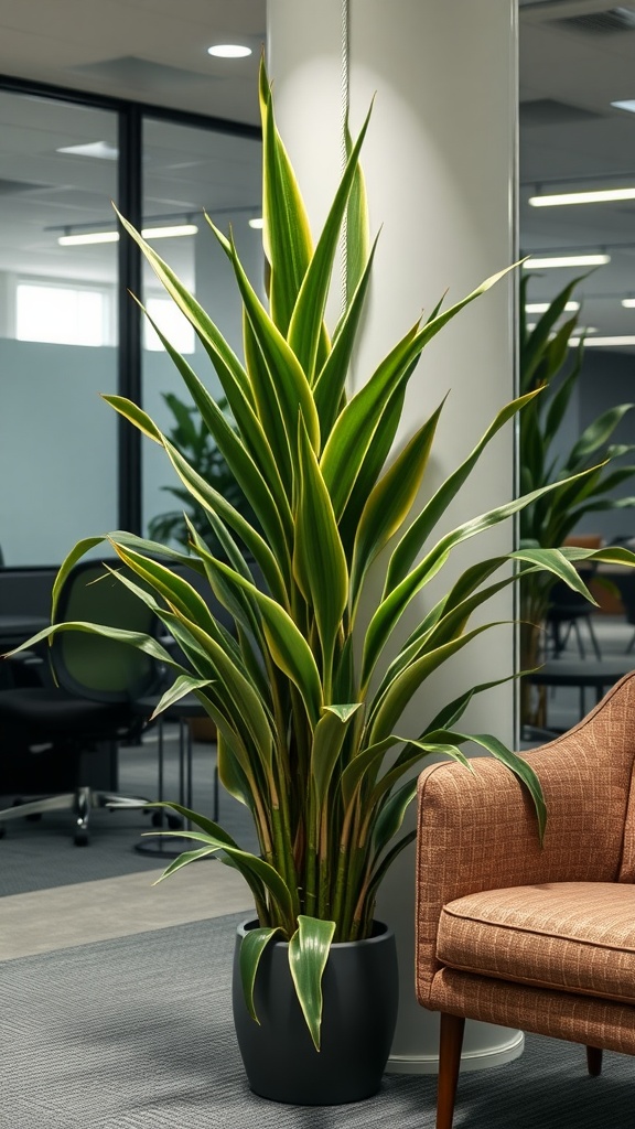 A tall Dracaena plant in a modern office setting, bringing a fresh touch to the workspace.